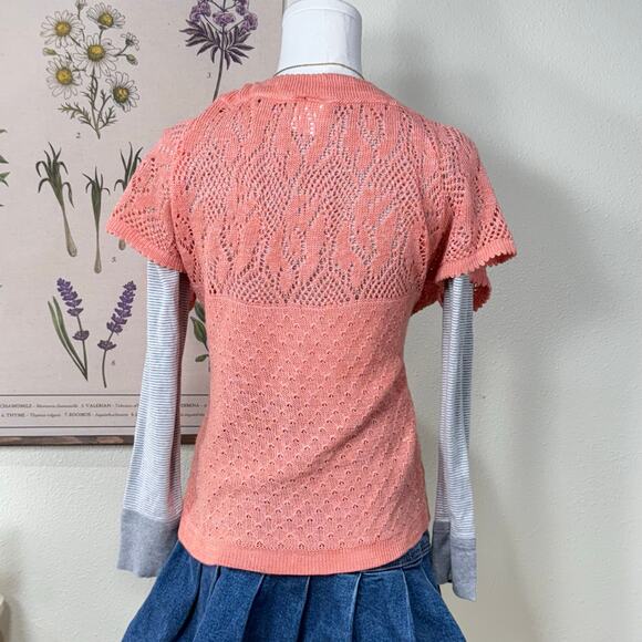 Vintage Open Knit Tie Front Cardigan Sweater Cottage Prairie Coastal Grandma L - Picture 4 of 7